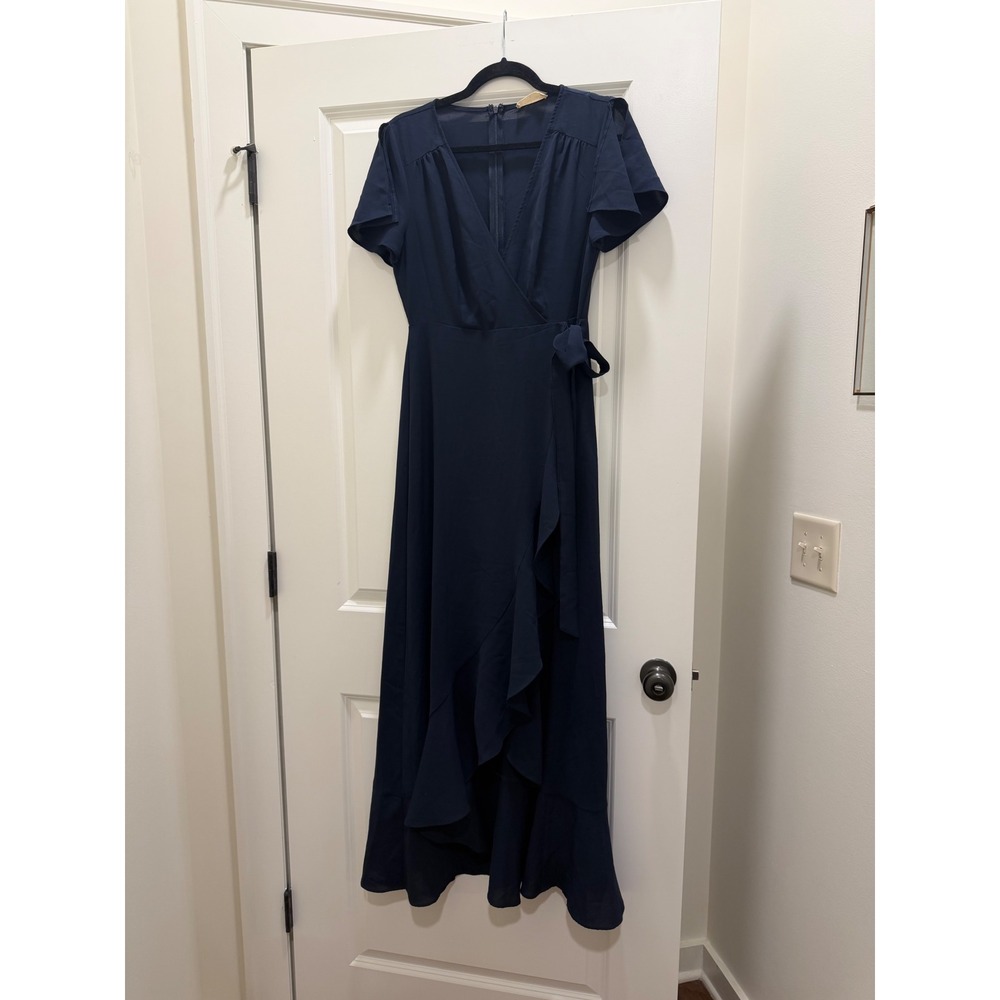 Altar'd State Navy Blue Wrap Maxi Dress Ruffle Hem V-Neck Short Sleeve Medium